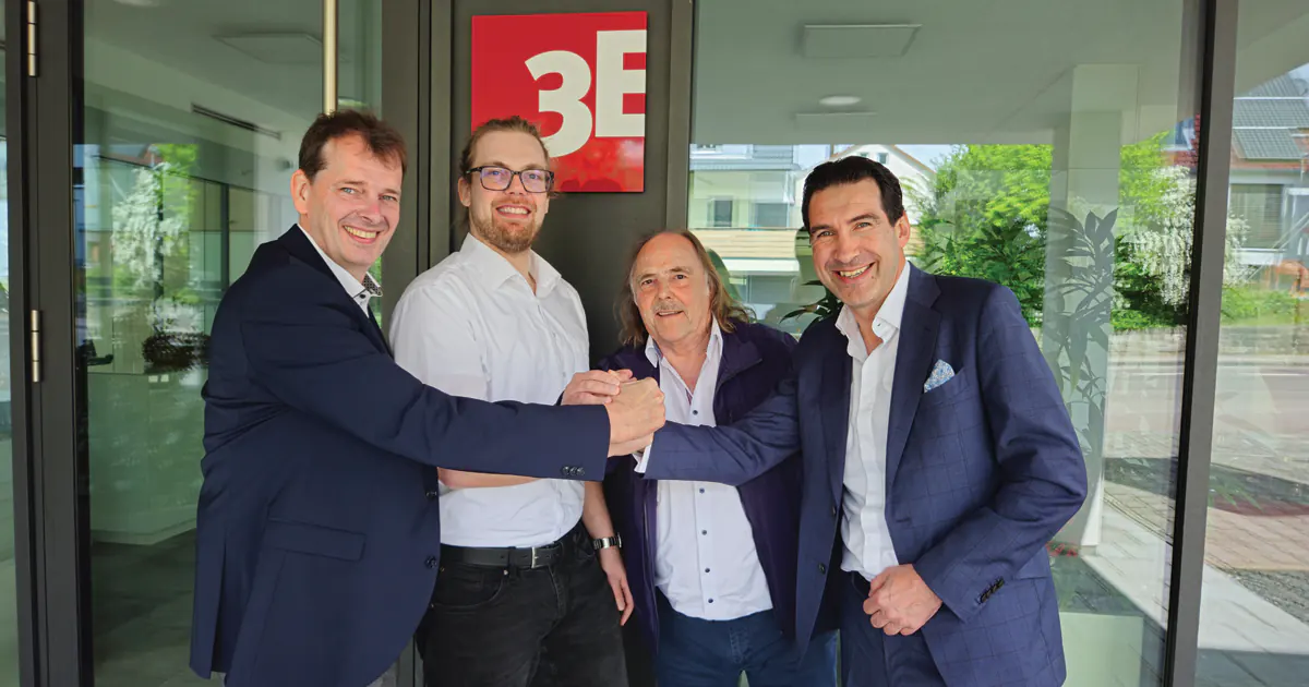 Bernd Hillbrands (Managing Director, Windows &amp; Doors Line of Business, Forterro), Moritz Ebert and Gerhard Ebert (Managing Directors, 3E Datentechnik GmbH), and Marcus Pannier (President, Forterro)
