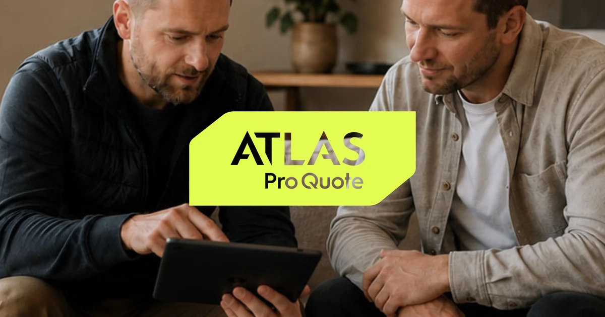 Two men sitting and looking at a tablet device with a superimposed Atlas ProQuote logo