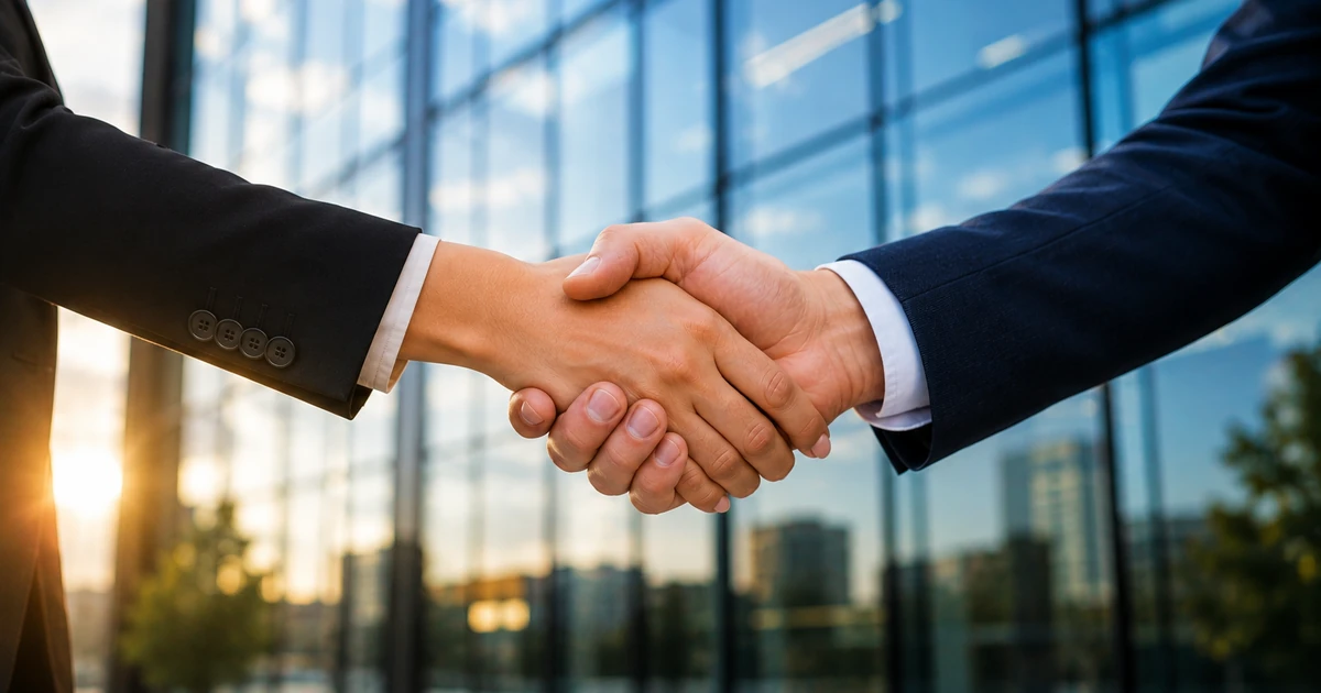 Two people in suits shaking hands outdoors in front of a glass building, symbolizing collaboration
