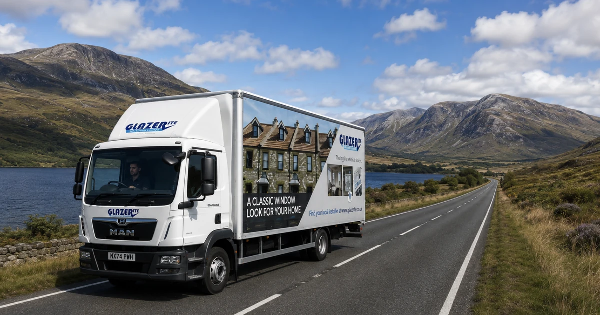 Glazerite delivery truck driving on a road in a mountainous Scottish landscape under a blue sky