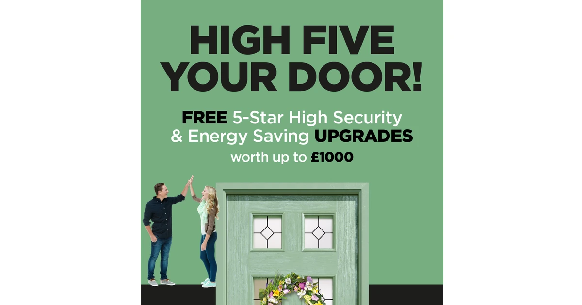 Green entrance door with decorative floral wreath and two people giving a high five beside it, with promotional text about free security and energy-saving upgrades