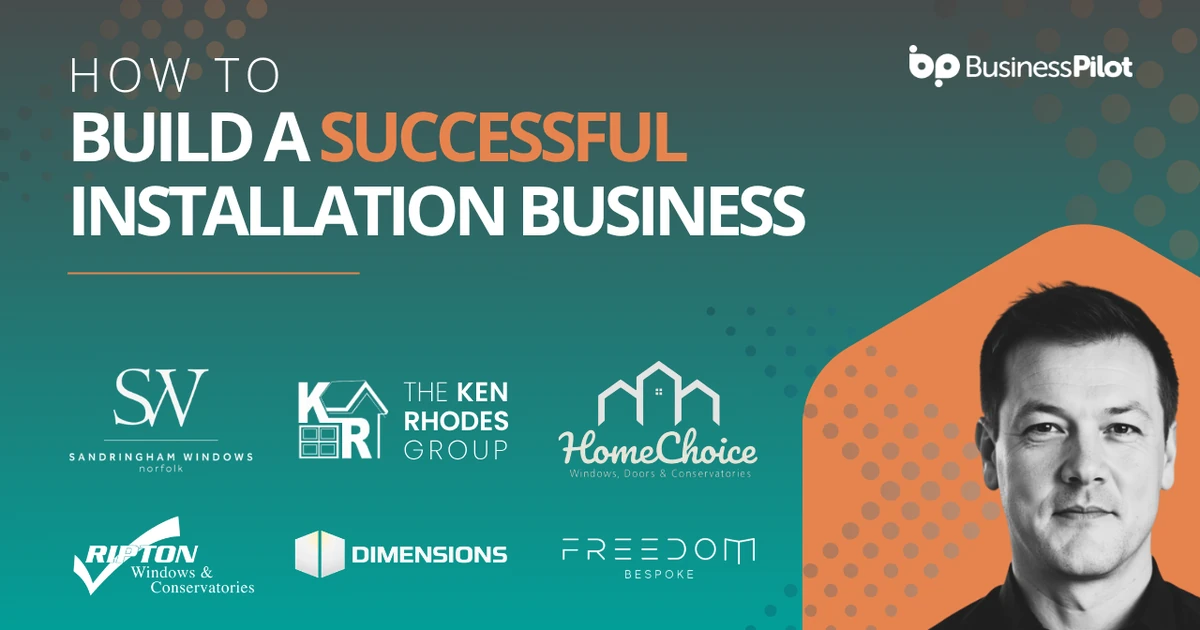 Business professional with logos of Sandringham Windows Norfolk, Ken Rhodes Group, Home Choice, Ripton Windows and Conservatories, Dimensions, and Freedom Bespoke on a teal background