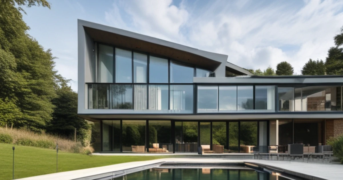 Contemporary house with large aluminium-framed windows and doors overlooking a pool and garden