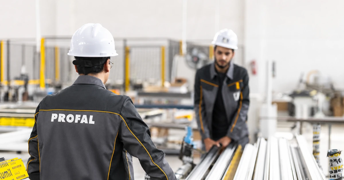 Two workers in PROFAL-branded jackets and white helmets in an aluminum door and window manufacturing facility handling metal frame materials.