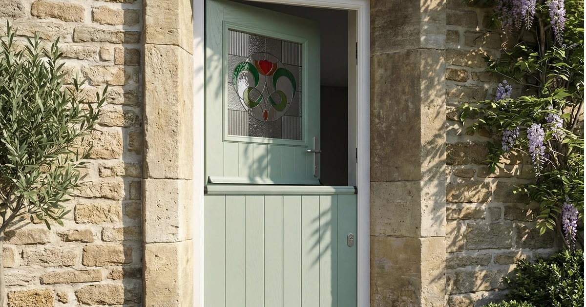 double radius stable door in Chartwell Green with decorative glass, set in stone frame with plants
