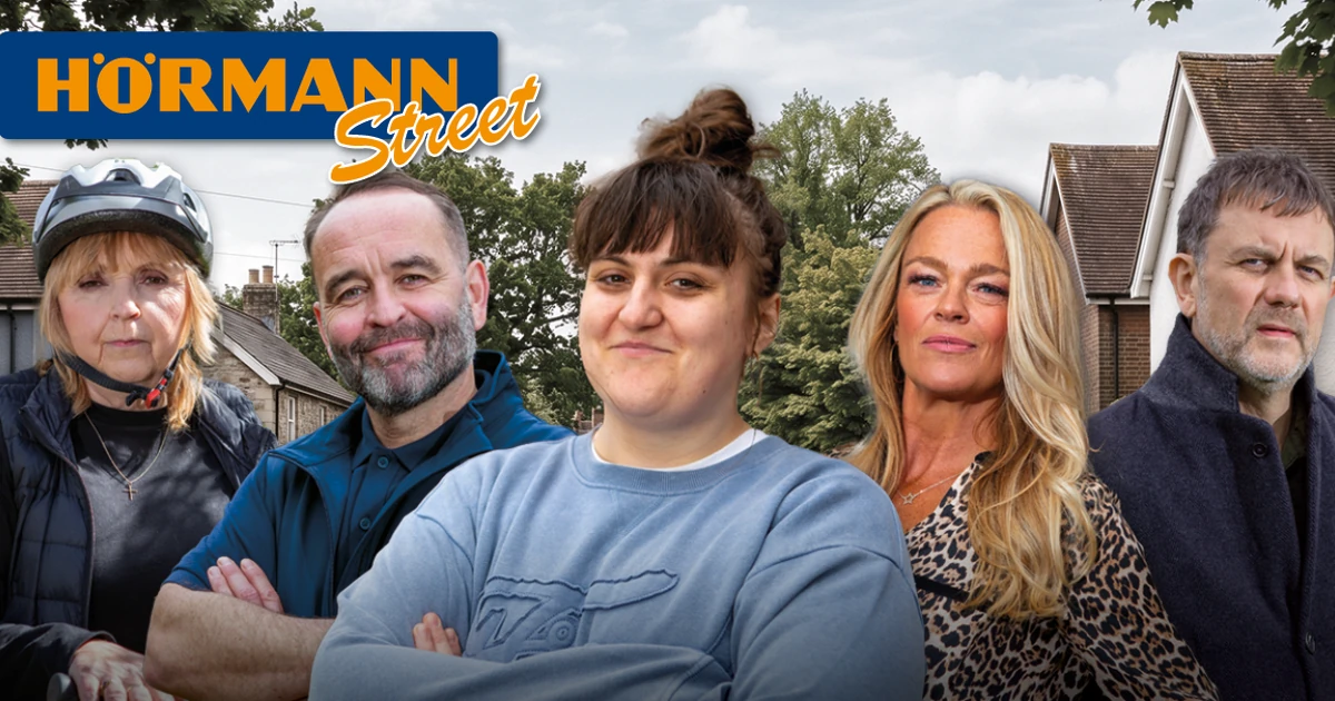 Group of five diverse people standing outdoors with houses in the background and the Hörmann Street logo in the top left corner