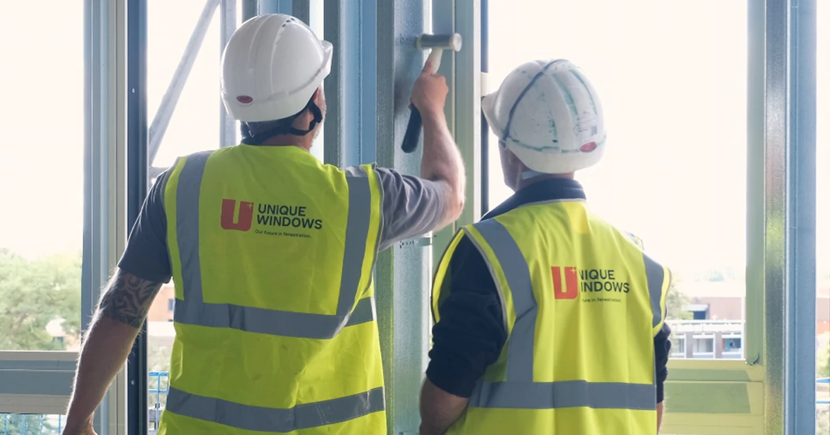 Two workers in high-visibility Unique Windows vests examining a window installation on a building site